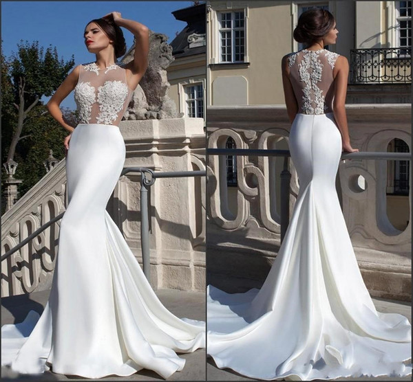 Cheap Illusion Bodice Sheer Neck Sheath Wedding Dresses Appliques Top Zipper Back Long Satin Summer Beach Vestidos Bridal Gowns BC0114