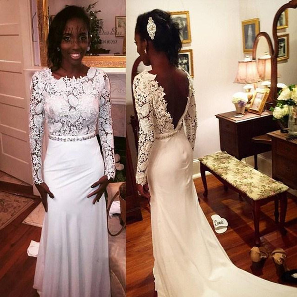 Saudi Arabic African White Wedding Dresses Sheer Lace Long Sleeves V Cut Backless Long Satin Bridal Gowns Wedding Reception Dress