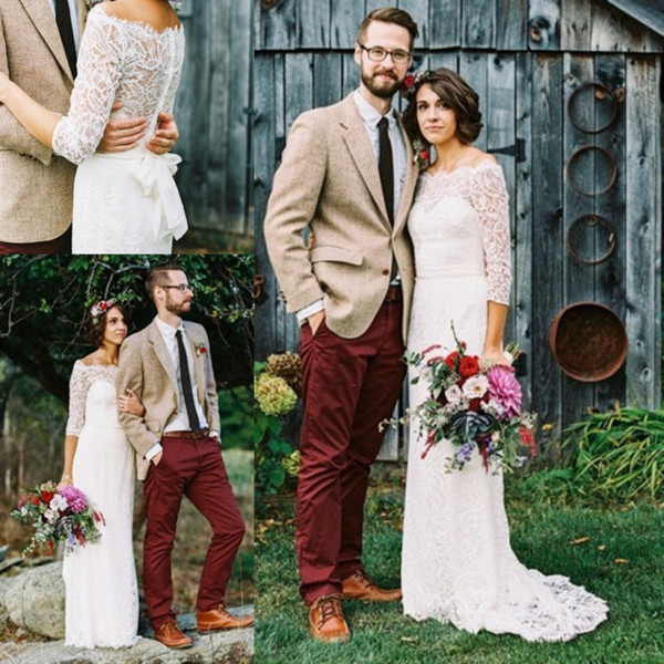 Modern Summer Lace Boho Wedding Dresses Half Sleeves Applique Long Bohemian Beach Garden Bridal Gowns