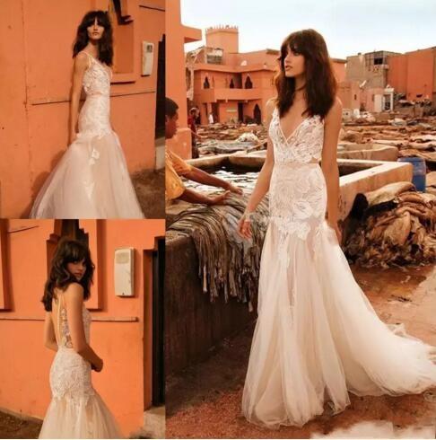 Backless Wedding Dresses Sheer Mermaid Lace Appliqued Long Tulle Illusion Bodice Bridal Summer Garden Gowns