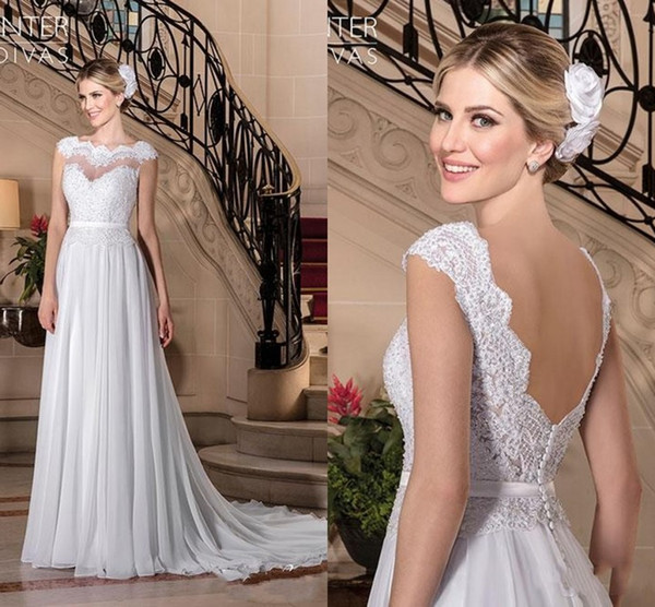 Novias Lace Chiffon Wedding Dresses Bateau Neck Cap Sleeves Summer Boho Sexy V-Cut Backless Bridal Gowns Cheap