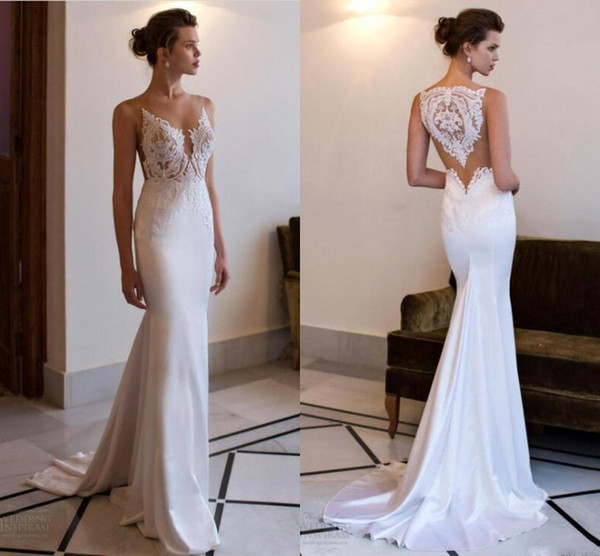 Sexy Sheer Illusion Back Beach Wedding Dresses Lace Appliqued Mermaid Sheath Style Court Train Bridal Gowns BC0479