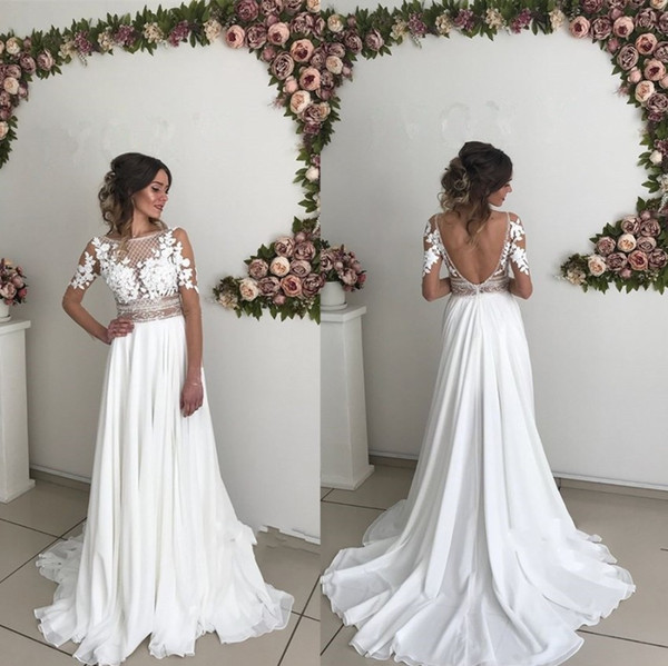 Gorgeous Summer Boho Beach Wedding Dresses Sheer Long Sleeves Bohemian Chiffon Wedding Gowns Lace Appliques Sexy Backless