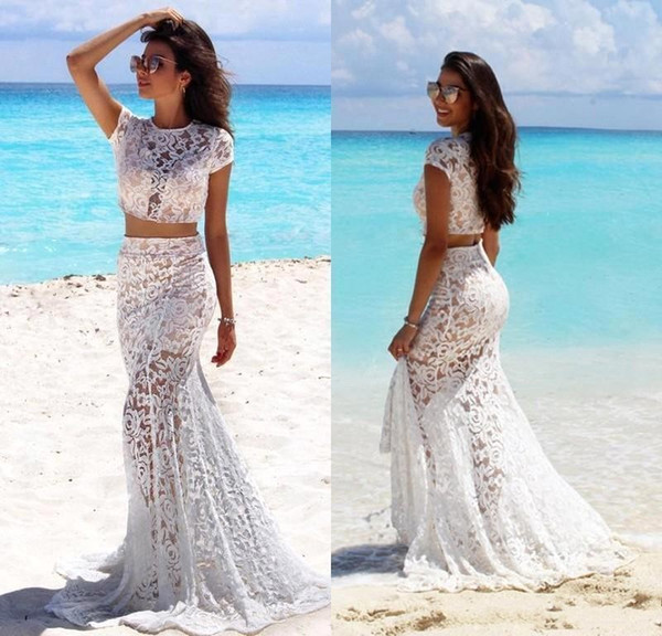 Simple Beach Two Pieces Wedding Dresses with Short Sleeves Sexy Sheer Lace Floor Length Bohemian Wedding Gowns BC0215