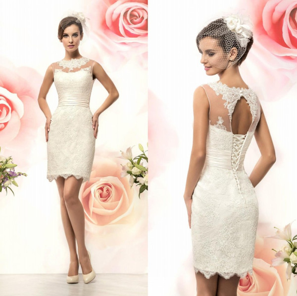 Full Lace Short Wedding Dresses Sheath Appliques Sheer Neck Backless Lace-up Knee Length Formal Dress Bridal Gowns BA1996