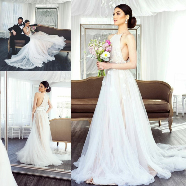 Backless Summer Beach Garden Boho Wedding Dresses Sheath Halter Neckline Applique Flowers Long Tulle Bridal Gowns Cheap