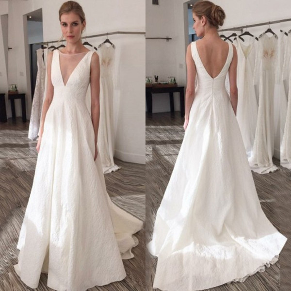 Simple Plain Summer Beach Boho Wedding Dresses A Line V Neck Cheap Bridal Gowns Sheer Neck Backless Lace Bridal Gowns