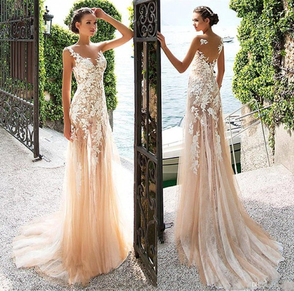 Champagne Sheer Jewel Neck Sheath wedding Dresses Lace Appliques Illusion Back Formal Bridal Gowns Custom Made Vestidos De Festa BC0087