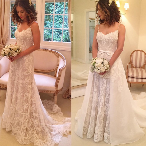 Romantic Lace Bridal Dress with Removable Skits Summer Beach Spaghetti Straps Wedding Dress Appliques Sheath Backless