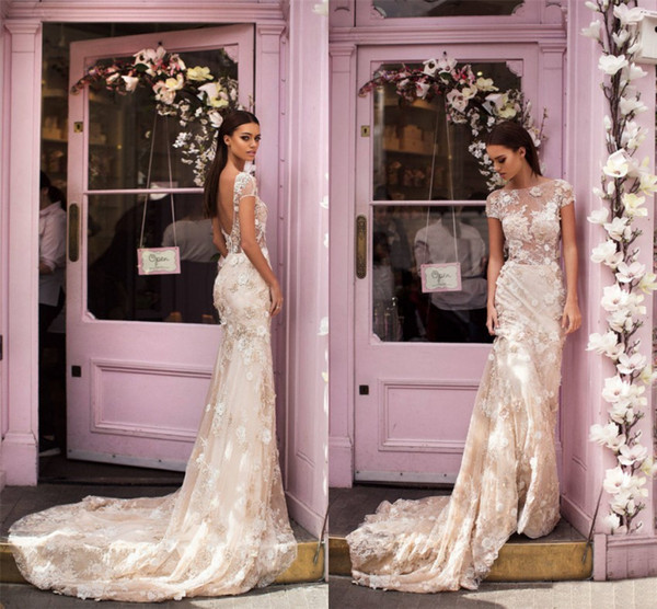 New Arrival Appliques Flowers Sheath Mermaid Wedding Dresses Sexy Low Back Sheer Neck Cap Sleeves Sweep Train Bridal Gowns