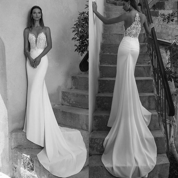 Newest Sheer Backless Sheath Mermaid Wedding Dresses Sexy Plunging V Neck Appliqued Long Bridal Gowns