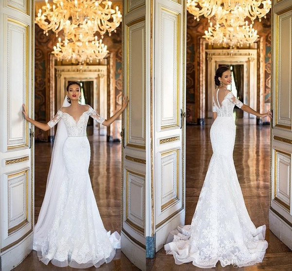 White Mermaid Wedding Dresses Full Lace Long Short Sleeve Sheer Neck Bridal Gowns Wedding Dresses With Beaded Sash