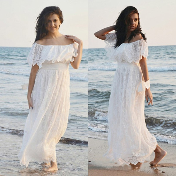 Modern Lace Boho Bridal Wedding Dresses For Summer Beach Garden Weddings A Line Off Shoulders Backless Wedding Gowns Maternity