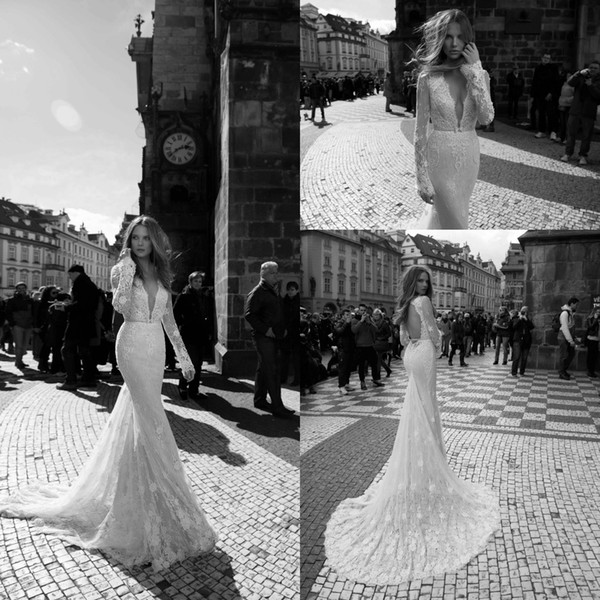 New Collection Sheer Long Sleeves Vintage Sheath Wedding Dresses Lace Plunging V neck Sexy Keyhole Back Bridal Gowns BA0261