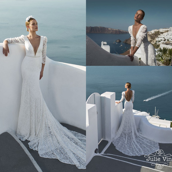 Spring New Long Sleeves Lace Sheath Wedding Dresses Plunging V Neck Beaded Sequined Sexy Backless Bridal Gowns BA0475