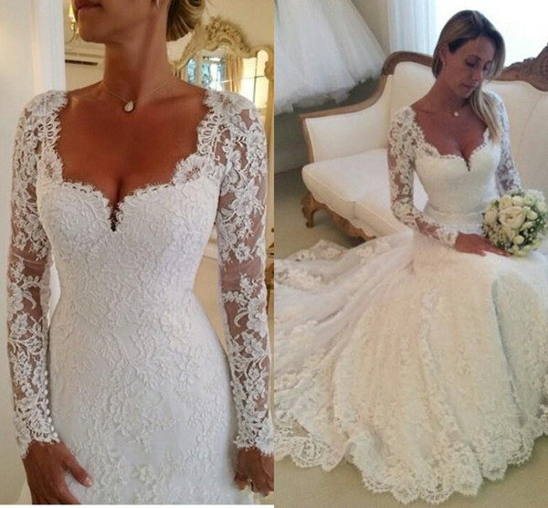 Vestidos De Noiva Long Sleeves Lace Sheath Wedding Dresses V neck Appiqued Formal Bridal Gowns Winter Fully Lined Wedding Dress