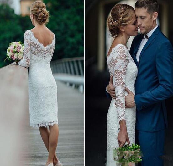 Vintage Short Lace Wedding Dresses Hot Selling New Custom Knee Length 3/4 Long Sleeve Sheath Bridal Gowns Vestidos De Novia W302