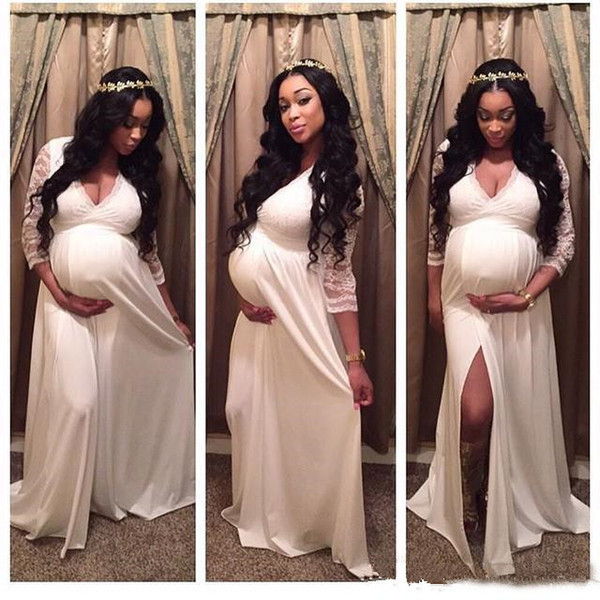 Empire Maternity Beach Wedding Dresses New Vestios De Marriage Deep V-Neck Front Split 3/4 Long Sleeve Lace Chiffon Bridal Gowns W186