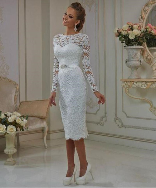 Vinatge Short Sheath Wedding Dresses New Hot Selling Custom Beads Sash Modest Long Sleeve Tea Length Lace Bridal Wedding Gowns W12