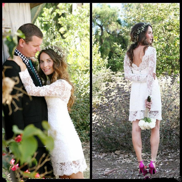 Lace Short Garden Wedding Dresses Hot Selling New Custom Mini Backless Sheath Long Sleeve Vintage Bridal Gowns Vestido De Novia W75