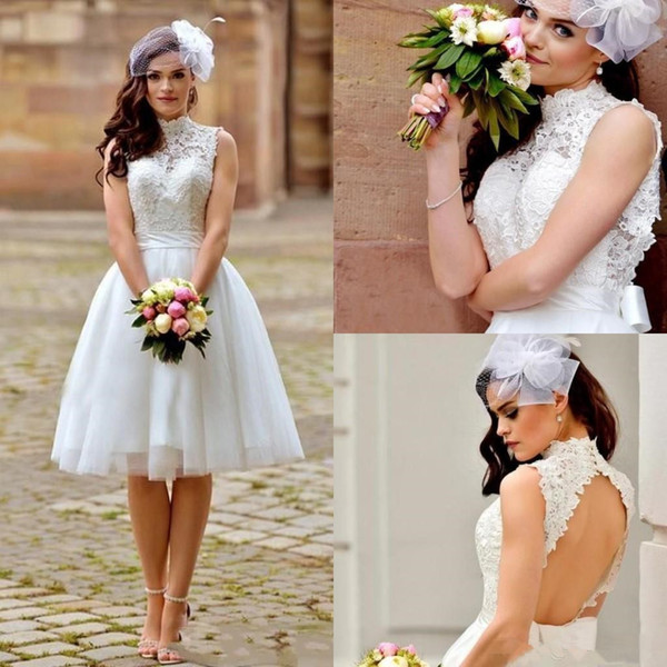 High Neck Short Lace Wedding Dresses New Hot Selling Vestidos De Noiva A-Line Backless Knee Length Tulle Bridal Gowns Custom Made W603