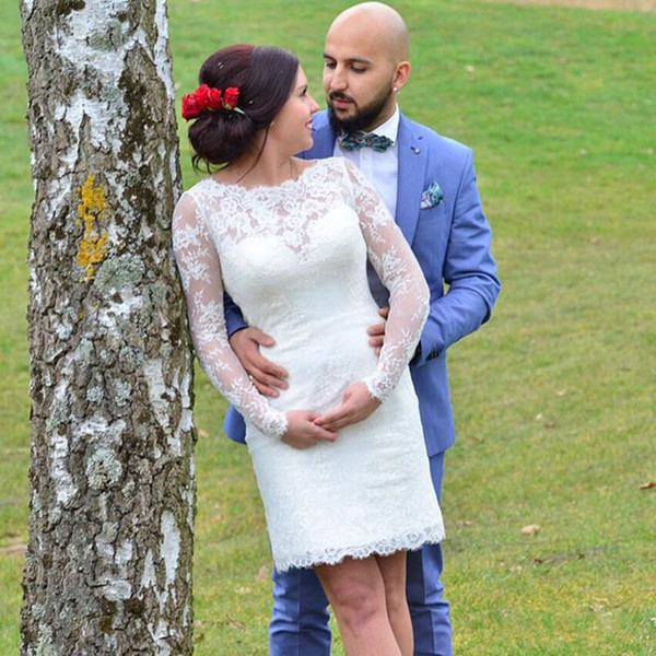 Sheath Short Lace Wedding Dresses Hot Selling Summer Style Scoop Neckline Mini Long Sleeve Vintage Bridal Gowns Vestidos De Noiva W617
