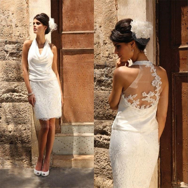 Halter Short Sheath Wedding Dresses New Design Hot Selling Sleeveless Applique Knee Length Lace Bridal Gowns Vestidos De Noiva W616