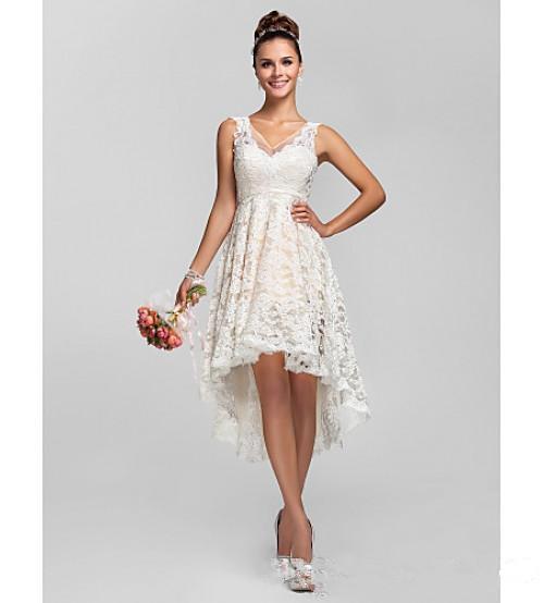 High Low Lace Wedding Dresses New Hot Selling Vestidos De Noiva V-Neck Sleeveless A-Line Backless Beach Bridal Gowns Custom Made W603