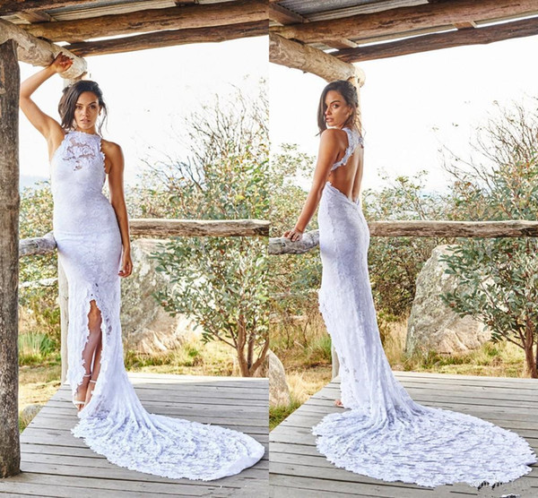 Bohemian Lace Sheath Wedding Dresses New Hot Selling High Neck High Low Sexy High Split Backless Bridal Gowns Vestido De Nnovia W610