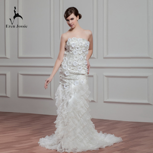 Eren Jossie Royal Bridal Ivory Organza Strapless Sheath Wedding Gown Ruffle Skirt Sweep Train Fashion Dress 2019 Bride