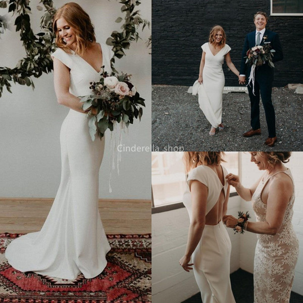 Bohemian Sheath Satin Wedding Dresses V-Neck Cap Sleeves Hollow Back Country Bridal Gowns Sweep Train Beach Wedding Plus Size 
