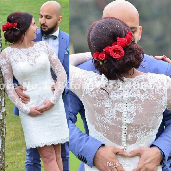 Short Lace Wedding Dresses Long Sleeve Jewel Illusion Bodice Sheath Garden Country Beach Bridal Gowns Arabic Cheap Plus Size