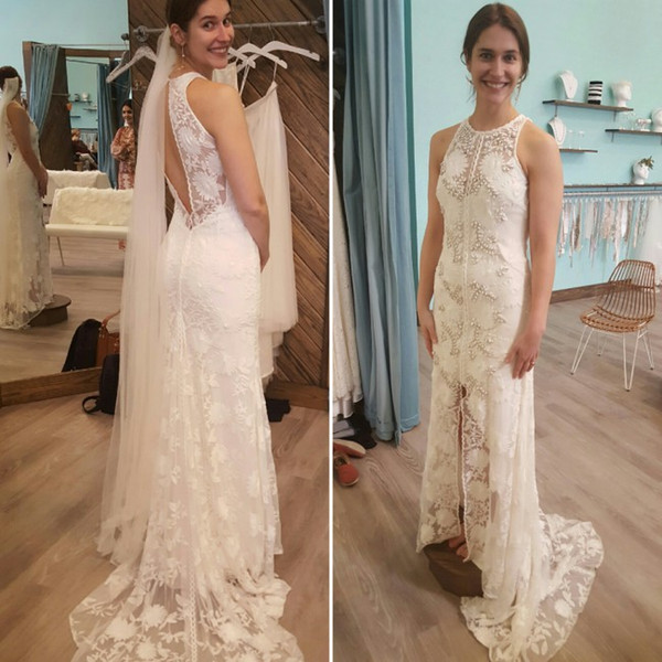 New Bohemian Lace Wedding Dresses Jewel Hollow Back Front Split Sweep Train Beads Illusion Bodice Boho Beach Garden Bridal Gowns
