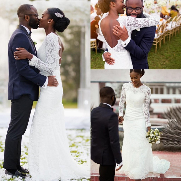 Long Sleeve African Lace Wedding Dresses Backless Sweep Train Illusion Bodice Black Girl Garden Beach Country Bridal Gowns