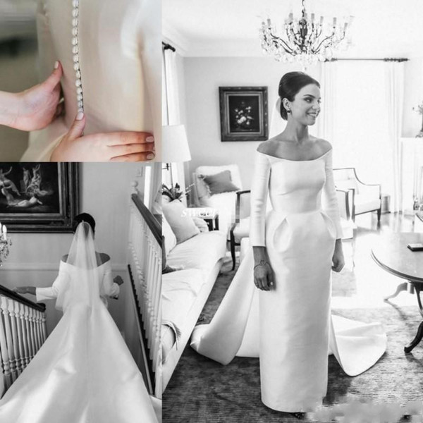 Vintage Long Sleeve Wedding Dress Bateau Backless Sheath Sweep Train Satin Long Chapel Beach Garden Bridal Gowns Cheap Vestido De Novia