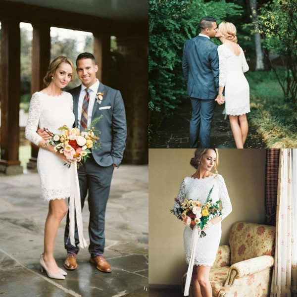 Country Short Sheath Wedding Dresses Long Sleeve Backless Full Lace Beach Garden Mini Bridal Gowns Vestido De Novia Cheap