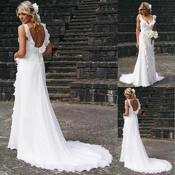 MICWEIL Wedding dresses mermaid Cheap wedding dresses Simple White V-neck Chiffon Ruffles Sleeveless Wedding Dress Bridal Gowns HS222