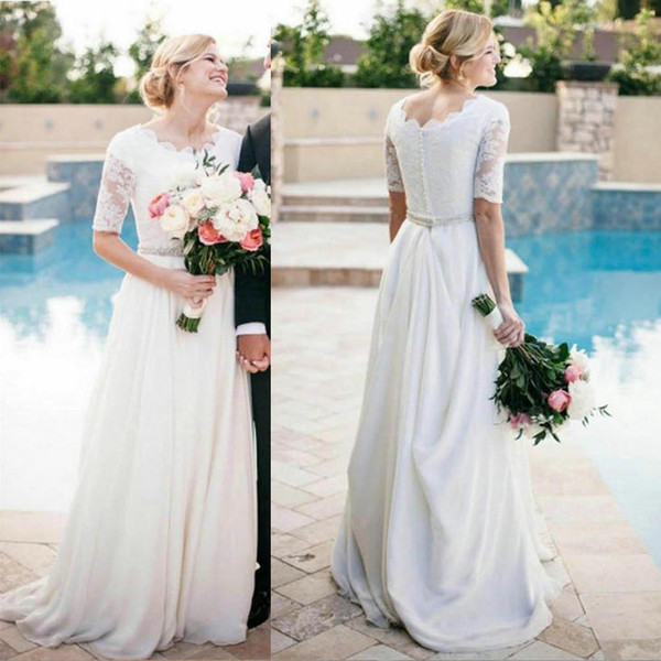 Wedding dress MICWEIL Plus size wedding dresses Lace A-Line Beading Ivory Half Sleeve Chiffon Long Wedding Dress HS221