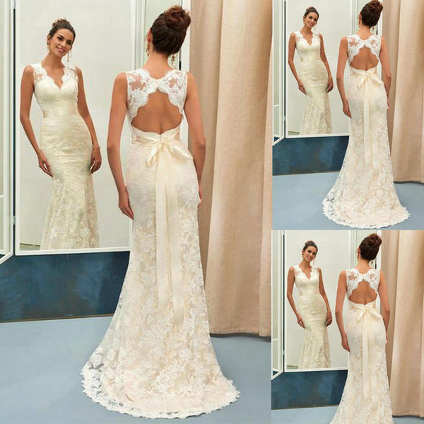 Wedding dresses mermaid Plus size wedding dresses Charming Ivory V Neck Lace Sheath Open Back Wedding Dress With Sashes HS244