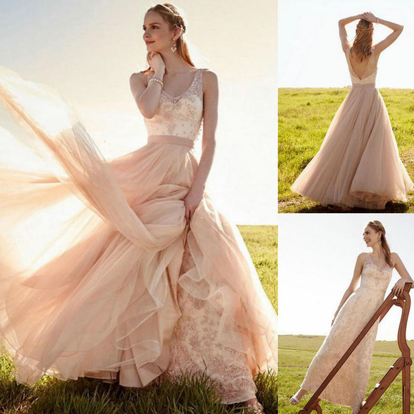 Plus size wedding dresses Rose gold dress Romantic Neck Blush Pink Lace Backless Wedding Dresses Long Detachable Skirt Bridal Dresses HS237