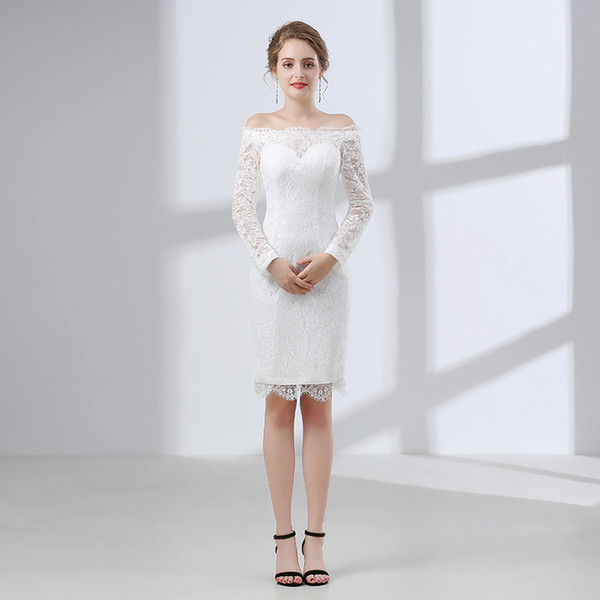 Knee Length Wedding Dresses Lace Beach long sleeve bohemian wedding bridal gown short cheap wedding dress