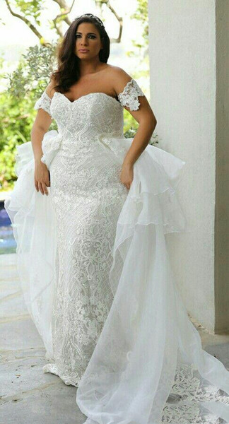 Plus Size Wedding Dresses off the shoulder Bridal Gowns Custom Made For Fat Women Lady Lace Appliques Overskirt Wedding Dress