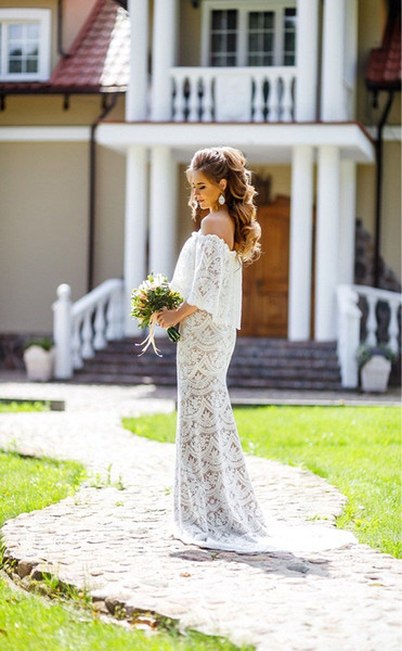 Unique Lace Country Bohemian Wedding Dresses Illusion Beach Boho Wedding Gowns Vestidos De Novia Plus Size Bridal Gowns Off Shoulder