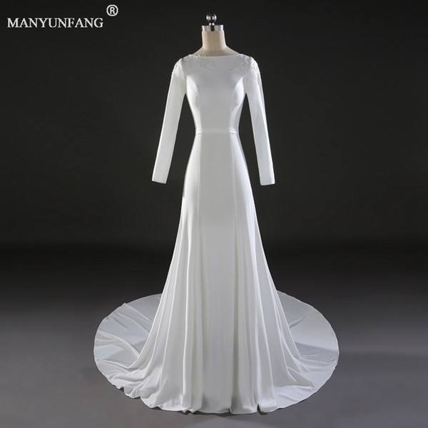 Simple Modern Wedding Dresses Wedding Gowns Scoop Neck Lace Hand Made Appliques Satin White Floor-Length Sexy Cheap Wedding Dresses