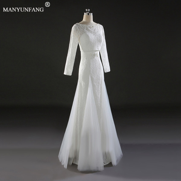Gorgeous Two Pieces Sheer Long Sleeves Wedding Dresses Sexy Backless Lace Tulle Bridal Gowns Robe De Mariage Wedding Dress With Wrap