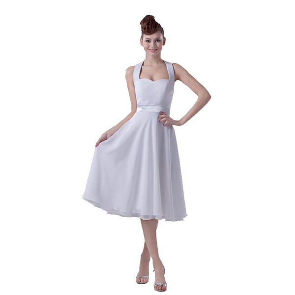 2017 Summer Wedding Dress White Chiffon Halter Neck Knee Length Bridal Gown Competitive Price Zip Back