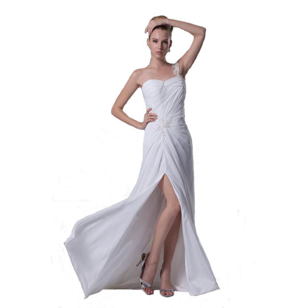 2017 One Shoulder Wedding Dress White Chiffon Long Length Attractive Slit Bridal Gown With Beaded Appliques