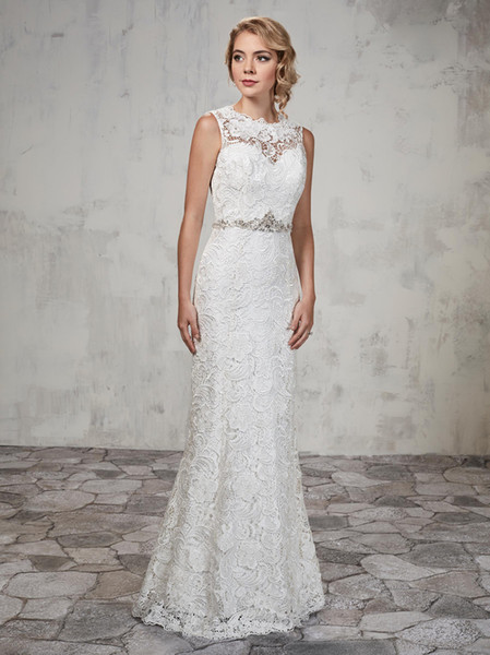 2017 Lace sheath wedding dress features jewel neck line illusion back with zipper and buttons closure Wedding Dresses bridal gowns peplum