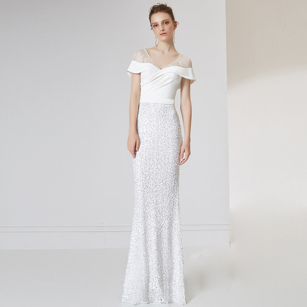 Stunning Wedding Dress Ivory Sheer with beading Sequins Floor Length Sheath Wedding Dresses Sexy V-Neck Zipper Back Lace with Satin