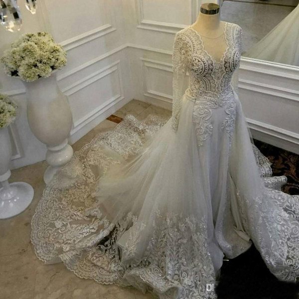 ZYLLGF Vintage Sheath Wedding Dresses With Detachable Train Sheer Neckline Lace And Tulle Wedding Gowns Illusion Long Sleeves Bridal Dress